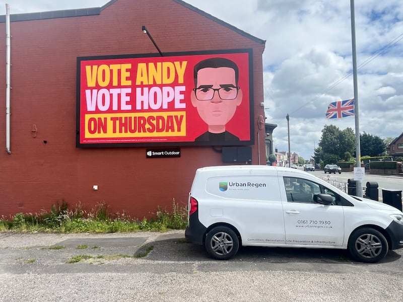 An Andy Burnham poster in Ashton-in-Makerfield. Photograph: Mark Paul