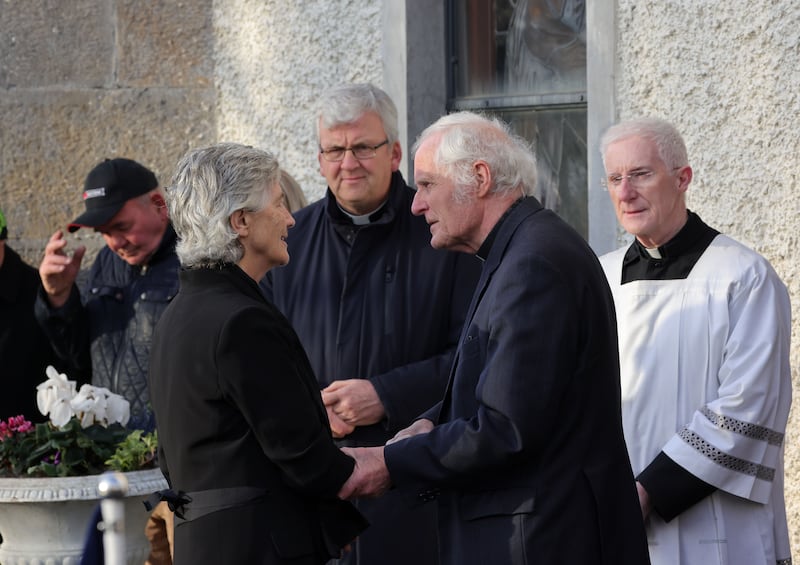 President Catherine Connolly arrives at the funeral of Alan McCluskey, one of the five victims of the Co Louth road crash,  at St Peter and Paul’s Church in Drumconrath, Co Meath. Photograph: Alan Betson 