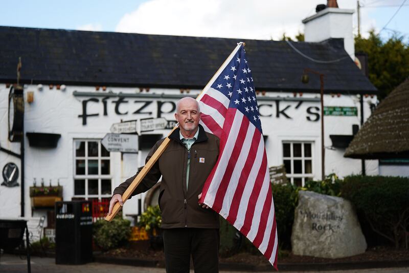 Fourth cousin of US president Joe Biden, John Owen Finegan, from Newry, outside Fitzpatrick's pub in Jenkinstown, Co Louth, where then vice-president Biden met locals during his visit in 2016. Photograph: Brian Lawless/PA