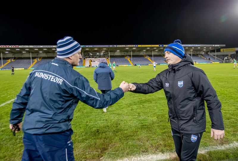Limerick manager John Kiely with Waterford manager Liam Cahill after the Munster SHC final at Semple Stadium in November 2020. Photograph: Morgan Treacy/Inpho