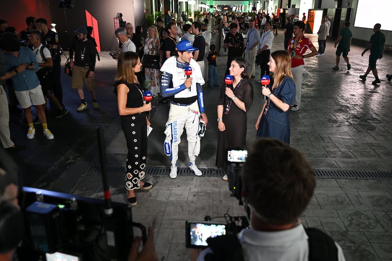Williams driver Carlos Sainz talks to interviewers including Bernie Collins before the F1 Grand Prix of Saudi Arabia in Jeddah last month. Photograph: Mark Sutton/Formula One/Getty
