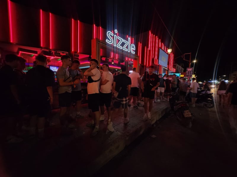 Crowds gathered outside of Sizzle night club in Laganas, Zante. Photograph: Niamh Browne