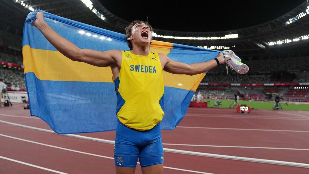 Sweden’s Armand Duplantis  after winning gold in the men’s pole vault in Tokyo. Photograph:   Matthias Schrader/pool/AFP via Getty Images