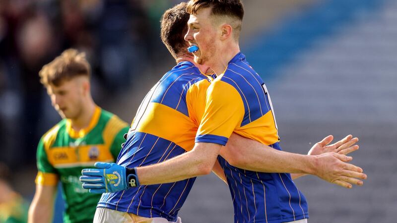 Naas CBS’s Kevin Cummins is congratulated by Jack Taafe after scoring a goal in the Masita All-Ireland Post Primary Schools Hogan Cup Final at  Croke Park. Photograph: Tom Maher/Inpho