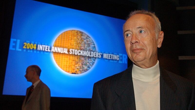 Intel founder Andy Grove at a  shareholders meeting in Santa Clara, California, in 2004. .