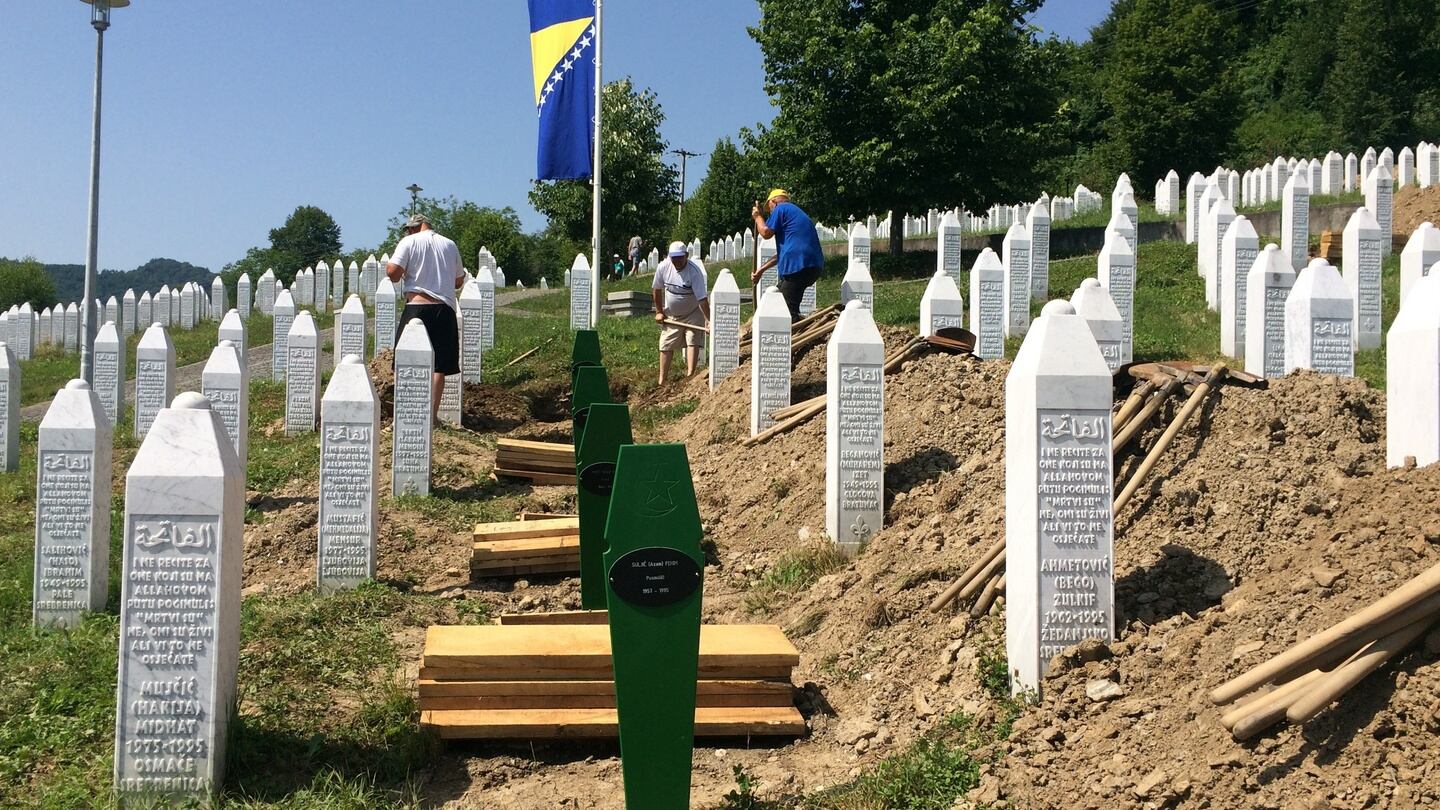 Preparations for Tuesday’s commemoration of the 1995 Srebrenica massacre, when 71 newly identified victims were due to be buried alongside most of the 8,000 other Bosnian Muslims murdered during the genocide by Bosnian Serbs. Photograph: Daniel McLaughlin