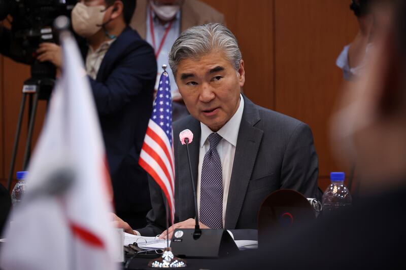 Sung Kim, US special envoy for North Korea, met with his South Korean counterpart Kim Gunn and Japanese counterpart Takehiro Funakoshi at the Foreign Ministry in Seoul. Photograph: Kim Hong-Ji/AP