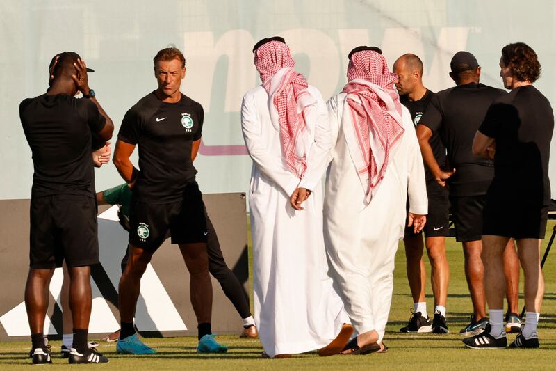 Saudi Arabia manager Hervé Renard takes a training session as his team try to follow up their sensational win over Argentina. Photograph: Khaled Desouki/AFP via Getty Images