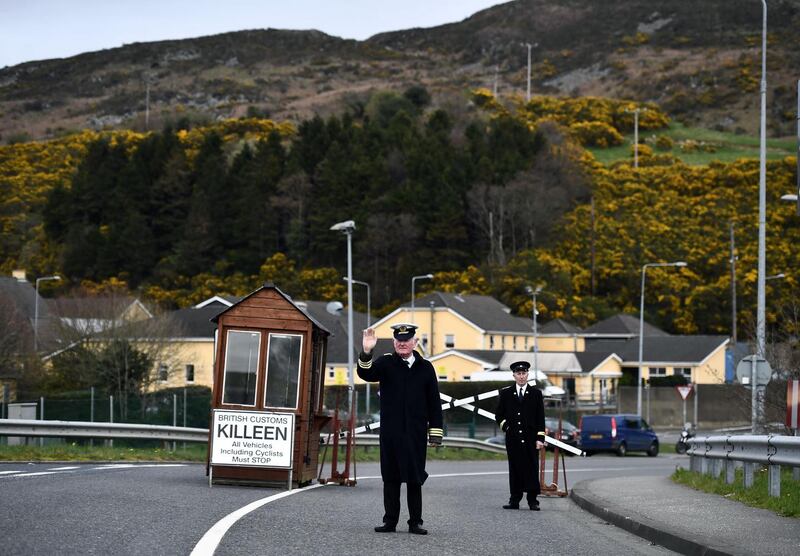 A mock customs post is erected on the Border as the Border Communities Against Brexit group hold a protest  in Newry on Friday. Photograph: Charles McQuillan/Getty