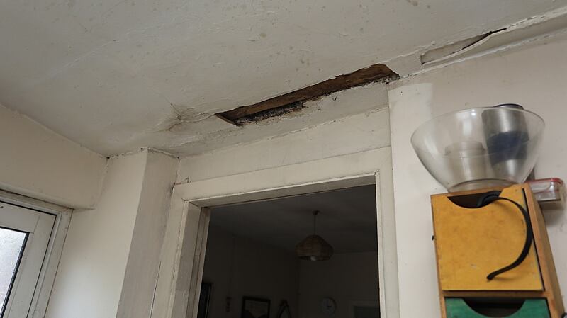 A large part of the ceiling has fallen down in the kitchen. Photograph: Lorraine Teevan