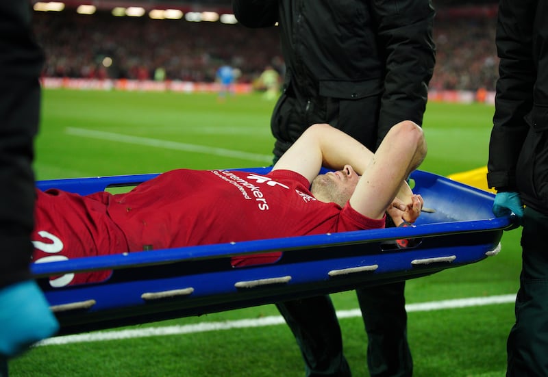 Liverpool's Diogo Jota is stretchered off after an injury during the Premier League match against Manchester City at Anfield, Liverpool, on October 16th, 2022. Photograph: PA