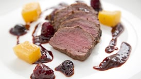 Ras el hanout venison loin with Valrhona chocolate sauce, candied turnip and berries