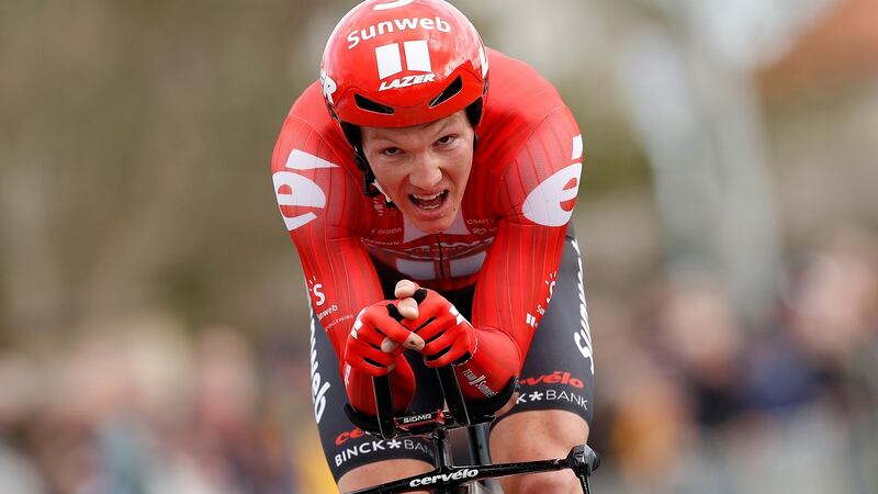 Danish rider Soren Kragh Andersen of Team Sunweb in action on his way to winning  the fourth stage of the Paris-Nice  Race in Saint-Amand-Montrond. Photograph: Sebastien Nogier/EPA