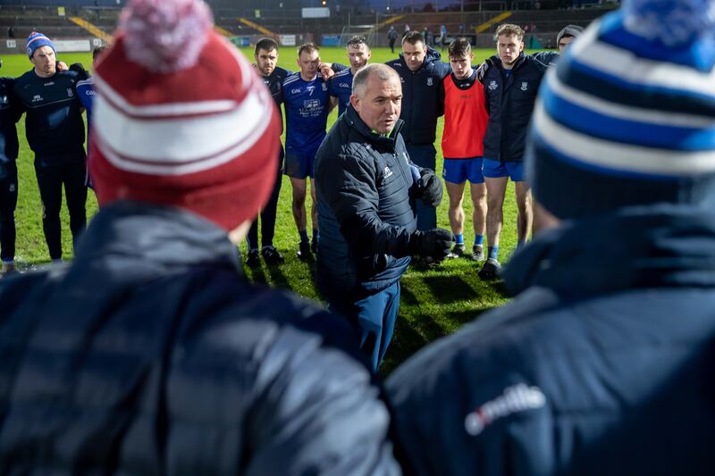 Then Monaghan manager Séamus McEnaney talks to the squad after a game in 2022. Photograph: Morgan Treacy/Inpho