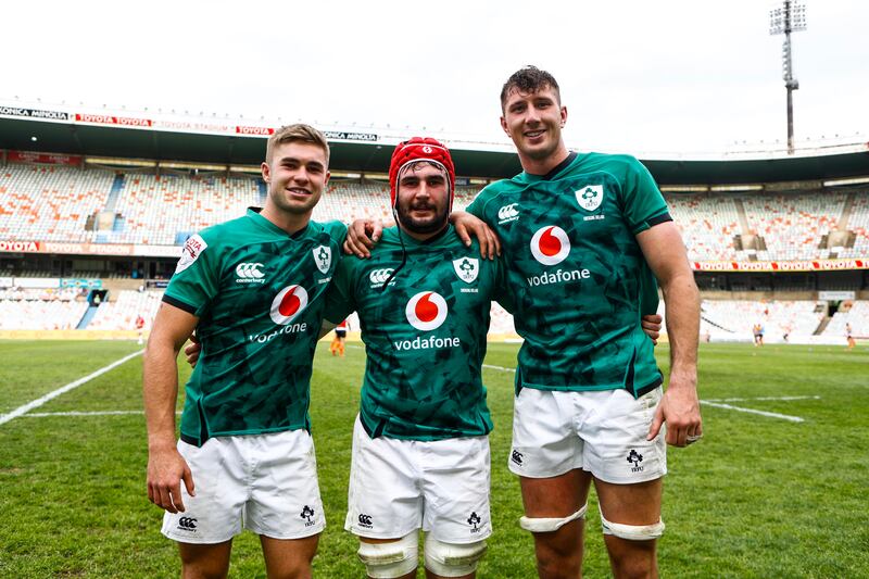 John Hodnett with his fellow Munster players Jack Crowley and Thomas Ahern after Emerging Ireland's win over Windhoek Draught Griquas at the Toyota Stadium in Bloemfontein last September. Photograph: Steve Haag/Inpho