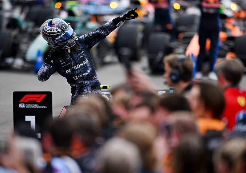 Race winner Kimi Antonelli celebrates on arrival in parc ferme after winning the Japanese Grand Prix. Photograph: Rudy Carezzevoli/Getty Images