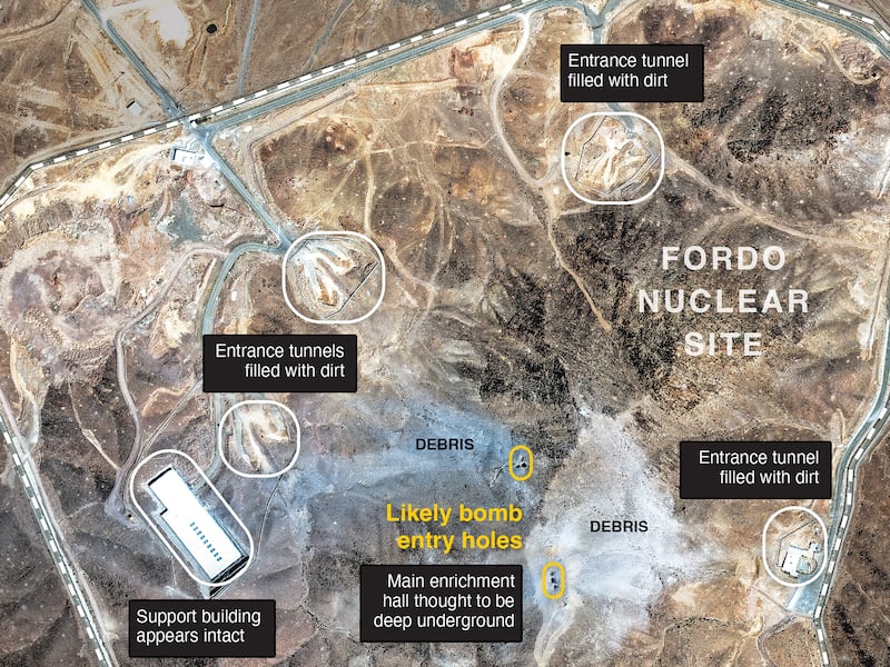 A New York Times analysis of satellite imagery shows that the United States targeted Fordo, Iran’s underground nuclear enrichment facility, at the precise locations of two structures that experts said might be ventilation shafts. -- 7.9 x 7.2 -- cat=i