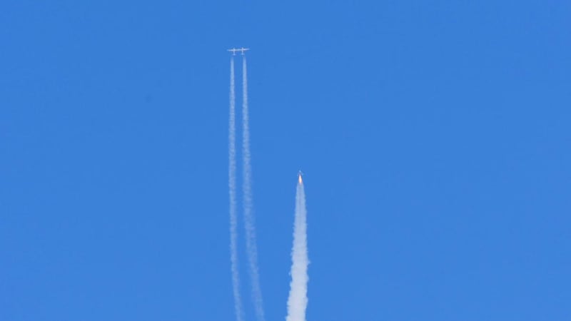 The Virgin Galactic spacecraft  flies above Spaceport America,   New Mexico, on the way to the cosmos.  Photograph: Patrick T Fallon/AFP
