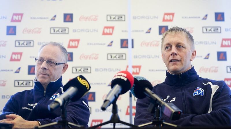 Iceland’s national football team head coaches Lars Lagerback and Heimir Hallgrimsson. Photograph: Getty
