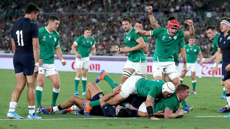 Tadhg furlong scores during Ireland’s 27-3 win over Scotland at the Rugby World Cup. Photograph: Dan Sheridan/Inpho