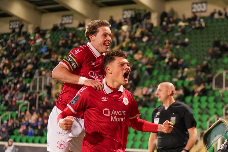 Owen Elding celebrates scoring Sligo Rovers' winning goal against Shamrock Rovers with Will Fitzgerald. Photograph: James Lawlor/Inpho