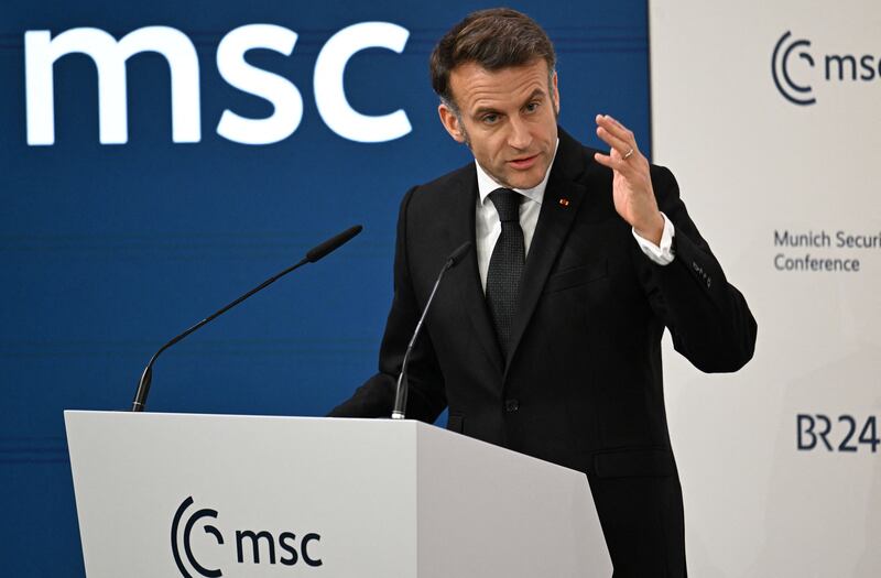 French president Emmanuel Macron speaks at the Munich Security Conference. Photograph: Thomas Kienzle/AFP via Getty Images