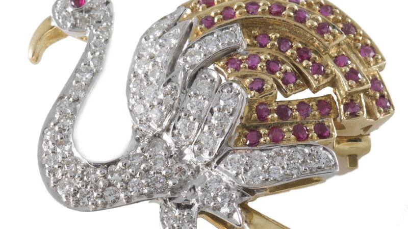 A ruby and diamond ‘Flamingo’ brooch, with rubies of approx. 0.70ct, diamonds of approx. 0.72ct, for auction in O’Reilly’s Auction Rooms, Francis St, Dublin