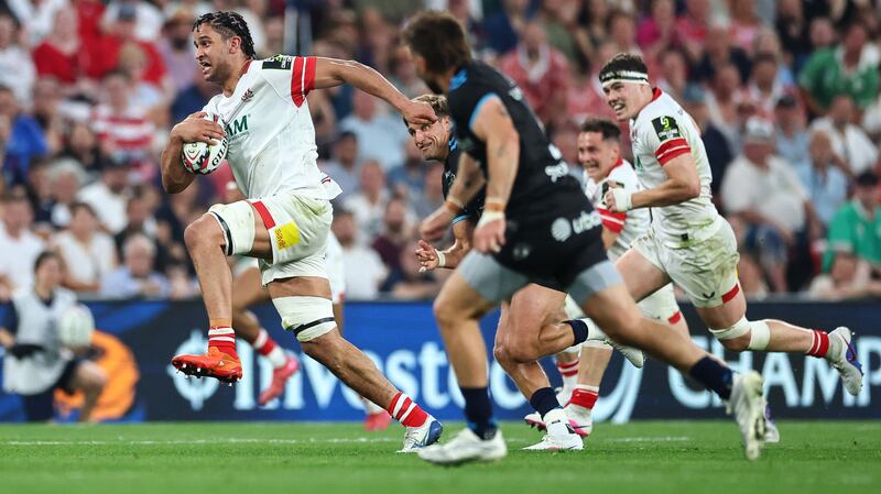 Ulster’s Cormac Izuchukwu breaks to score their second try. Photograph: James Crombie/Inpho