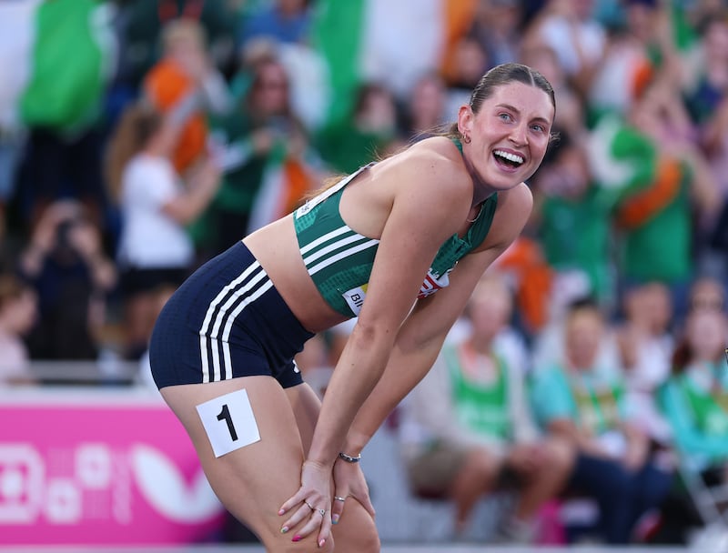 Kate O'Connor was the most in-demand athlete at Alexander Stadium, Birmingham, when she secured heptathlon gold in the European Athletics Championships. Photograph: Maja Hitij/Getty Images