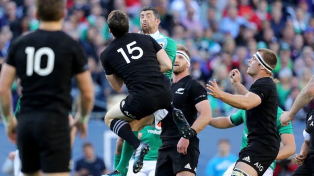 Fullback Ben Smith was one of the All Blacks’ best performers at Soldier Field - but often came off second best in the air against Ireland’s Rob Kearney. Photograph: Inpho