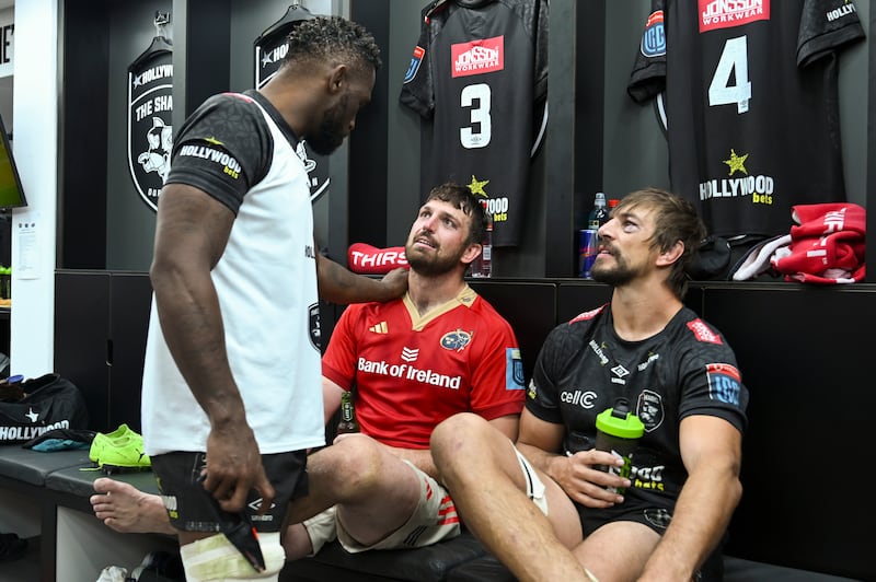 The Sharks' Siya Kolisi (left) and Eben Etzebeth (right) with Munster's Jean Kleyn after the game. Photograph: Steve Haag Sports/Darren Stewart/Inpho