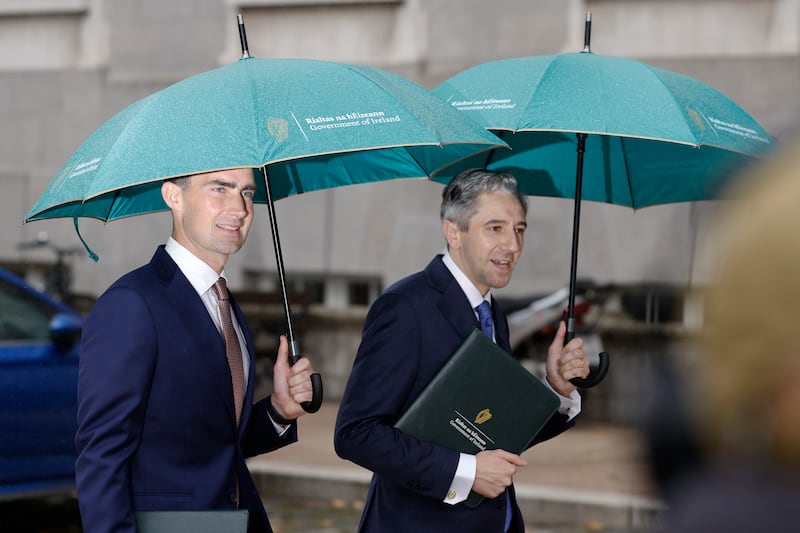 Minister for Public Expenditure Jack Chambers and Minister for Finance Simon Harris during a photocall at Government buildings ahead of their respective speeches. Photograph Nick Bradshaw / The Irish Times