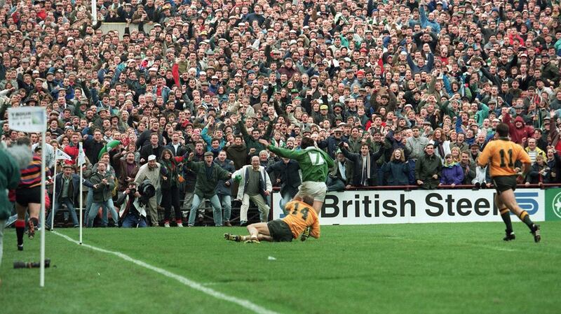 Gordon Hamilton scores for Ireland against Australiia at Lansdowne Road in 1992. Photograph: Billy Stickland/Inpho