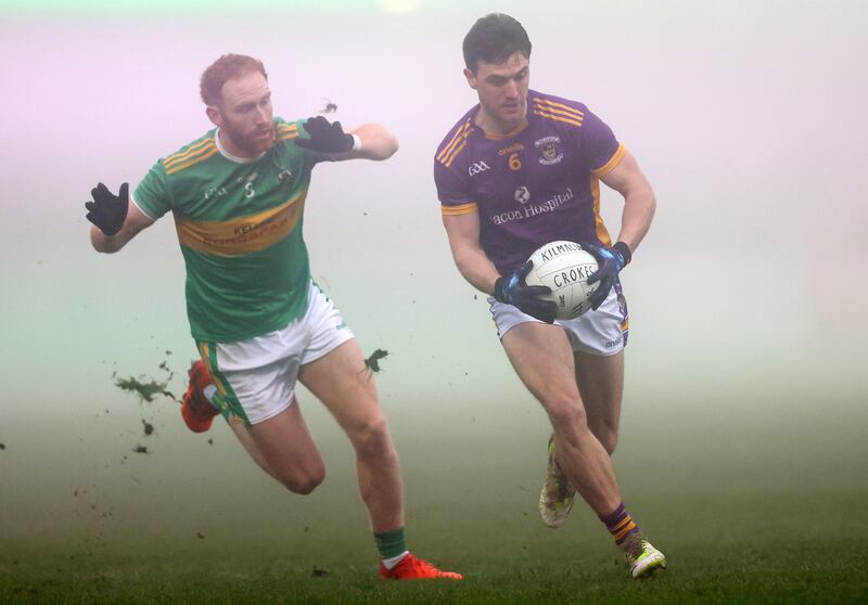 
Conor Glass of Glen and Andrew McGowan of Kilmacud Crokes in their club semi-final at Páirc Esler, Newry, in January 2024. Photograph: James Crombie/Inpho