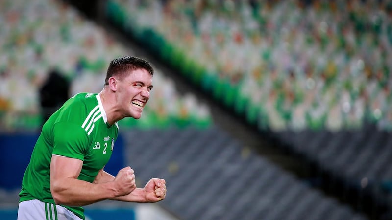 Limerick’s Sean Finn celebrates at the end of the game after victory over Waterford in Croke Park.  Photograph: Tommy Dickson/Inpho
