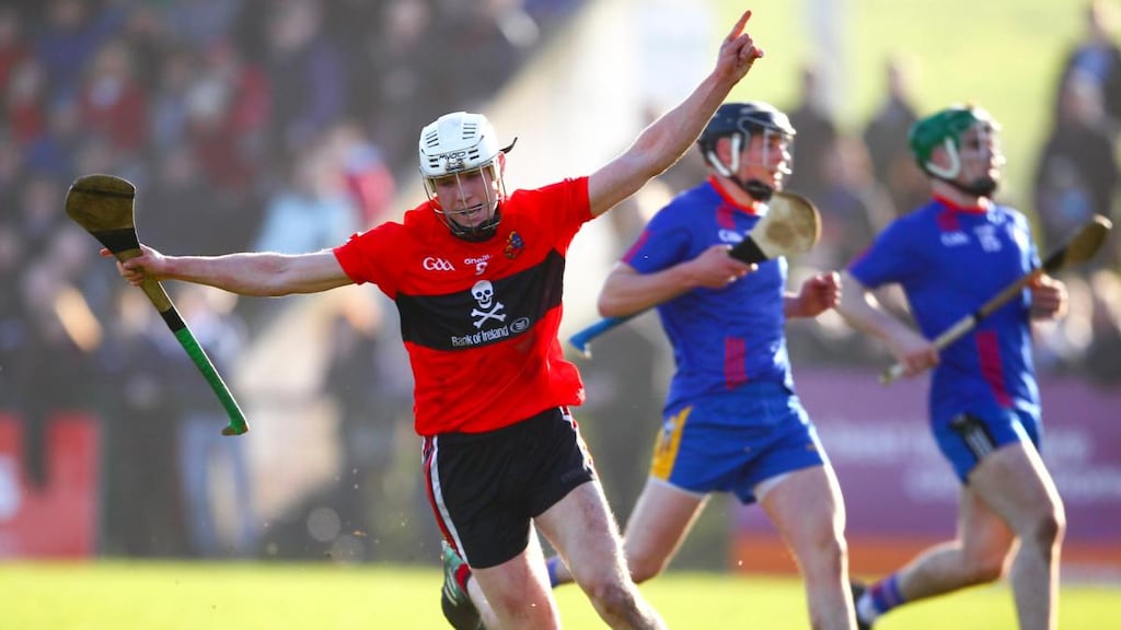 UCC’s Conor Browne celebrates scoring his side’s second goal during the Fitzgibbon Cup Final against Mary Immaculate College at Waterford Institute of Technology. Photograph: Ken Sutton/Inpho