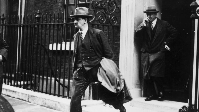 Michael Collins  leaves 10 Downing Street, London, during treaty negotiations between Sinn Féin and the British government which resulted in the Anglo-Irish Treaty of December 1921. Photograph: Hulton Archive