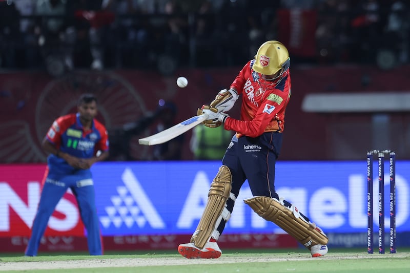 Punjab Kings' Priyansh Arya plays a shot during the match against Delhi Capitals before play was halted. Photograph: Pankaj Nangia/Getty Images