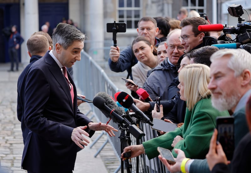 Tánaiste Simon Harris speaks to the media at Dublin Castle on Saturday. Photograph: Alan Betson/The Irish Times