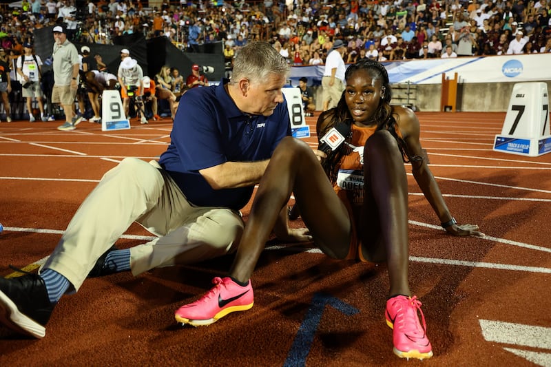 Rhasidat Adeleke is interviewed after winning the women's 400m dash during the Outdoor Track and Field Championship in June 2023 in Austin, Texas. Photograph: Jamie Schwaberow/NCAA Photos via Getty Images