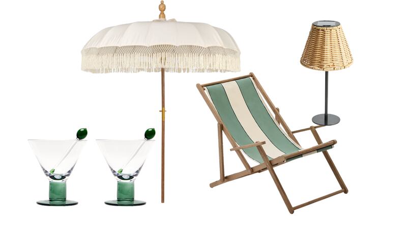 Glass olive martini glasses, €35.50 for two, oliverbonas.com; parasol, €405, idyllhome.co.uk; Vilara deck chair, €169, kavehome.com; rattan solar light, €12, dunnesstores.com