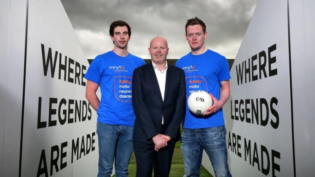 Armagh’s Aaron Findon and Monaghan’s Rory Beggan at Ravenhill to promote the game with ex-Antrim footballer Anto Finnegan, who was diagnosed with MND in 2012. Photo: Darren Kidd/Inpho