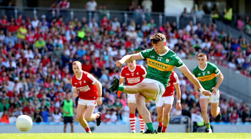 David Clifford scores the first goal of the All-Ireland SFC clash between Kerry and Cork with a penalty. Photograph: Ryan Byrne/Inpho