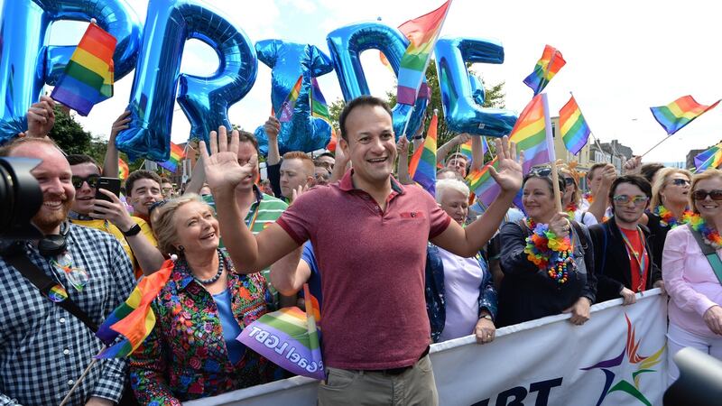 An Taoiseach Leo Varadkar TD and Tanaiste Frances Fitzgerald TD at the Dublin Pride Parade. Photograph: Dara Mac Dónaill, The Irish Times