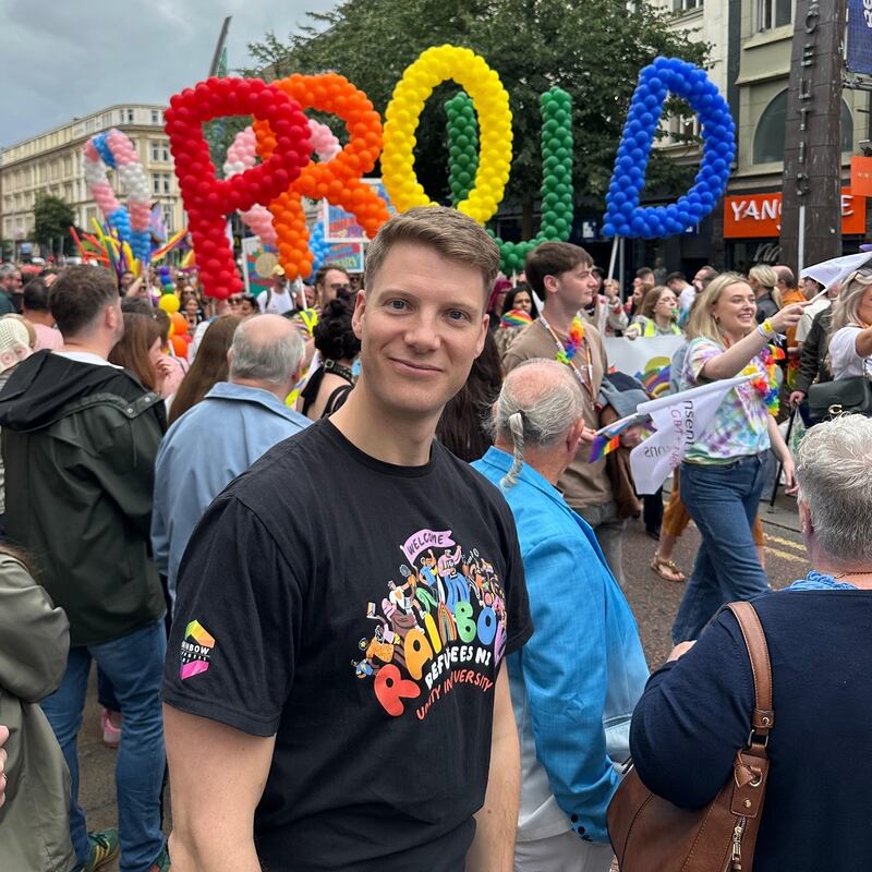Tom Hulme pictured at Belfast Pride in 2025: 'Sensationalist politics still sits alongside everyday acceptance in Northern Ireland'