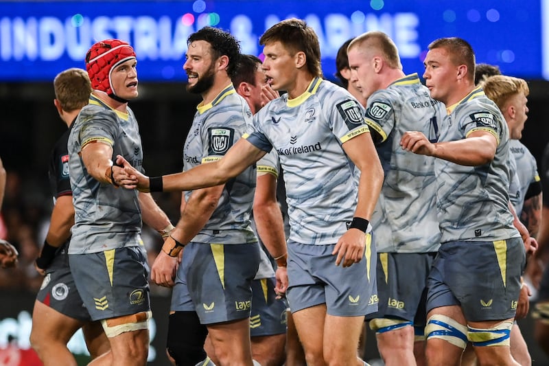 Leinster's Josh van der Flier, Robbie Henshaw, Sam Prendergast and Josh Ericson celebrate a try against the Sharks on Saturday. Photograph: Darren Stewart/Steve Haag Sports/Inpho