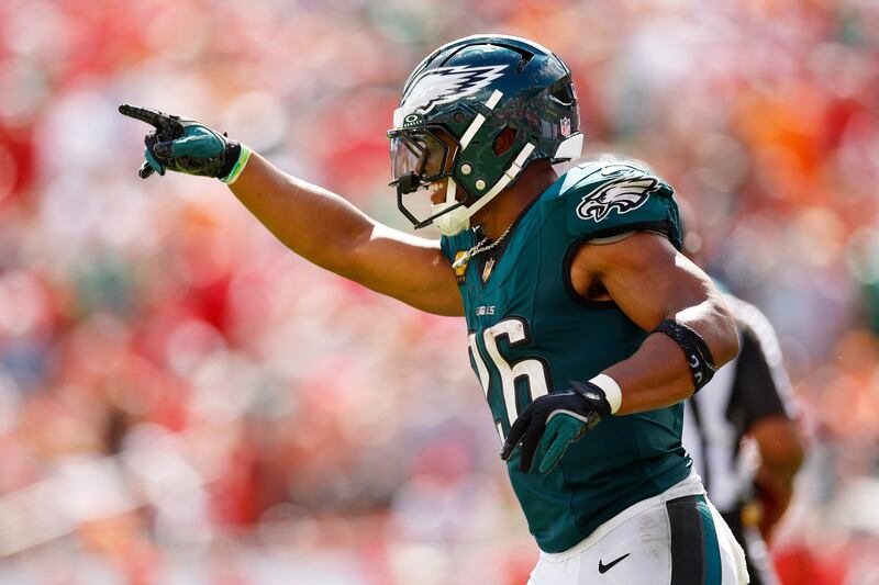 Saquon Barkley of the Philadelphia Eagles celebrates a touchdown against the Tampa Bay Buccaneers. Photograph: Mike Ehrmann/Getty Images