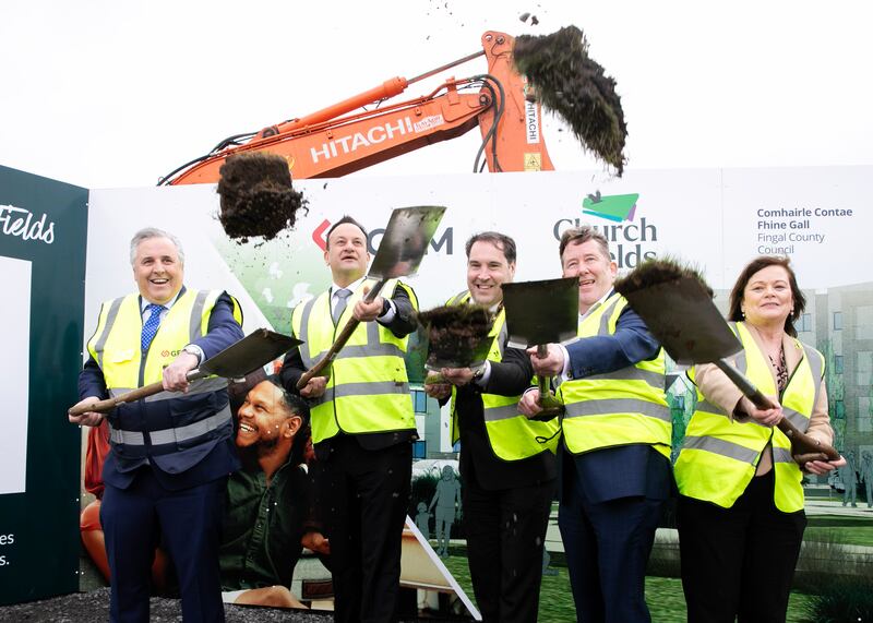 GEM Construction MD Martin Healy, Taoiseach Leo Varadkar TD, Mayor of Fingal Cllr Adrian Henchy, Minister for Housing, Local Government and Heritage, Darragh O’Brien TD, Fingal County Council Chief Executive AnnMaire Farrelly during a turning of the first sod ceremony on a development of 300 affordable, cost rental and social homes plus a 17-acre park with recreational facilities at Church Fields, Mulhuddart, Dublin Photograph: Gareth Chaney/Collins