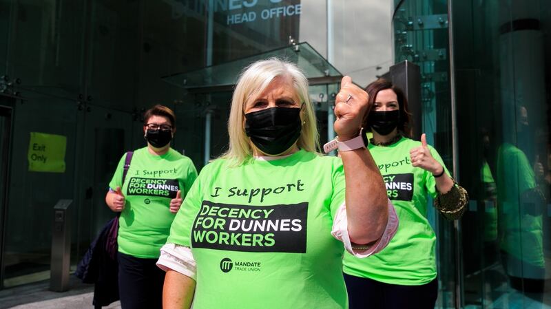 Dunnes Stores workers and supporters Anna Wichary, Elizabeth Tomlin and Moira Murphy outside Dunnes Stores head office on George’s Street, Dublin. Photograph: Gareth Chaney/Collins