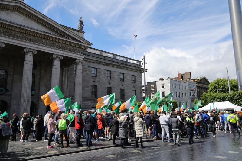 A crowd gathering at the GPO in Dublin as part of a protest demanding a referendum on the EU migration pact. Photo: Bryan O’Brien/The Irish Times 